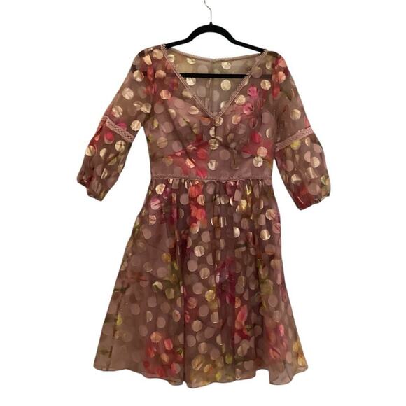 Marchesa Notte V Neck Bubble Sleeve Cocktail Dress In Blush Size 4 Polka Dot - Picture 2 of 16